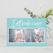 Brush Calligraphy Aqua Blue Foto Collage Birth Ankündigung (Stehend Vorderseite)