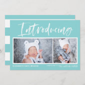 Brush Calligraphy Aqua Blue Foto Collage Birth Ankündigung (Vorne/Hinten)