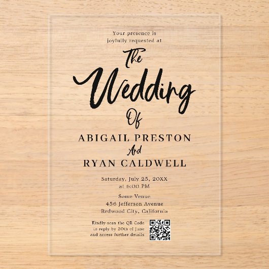 Brush Calligraphy QR Code Wedding Acryleinladungen (Vorderseite)
