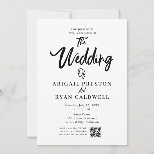 Brush Calligraphy QR Code White Wedding Einladung (Vorderseite)