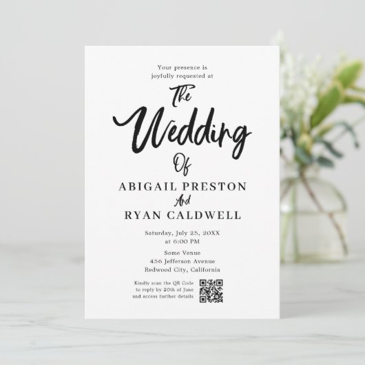 Brush Calligraphy QR Code White Wedding Einladung (Stehend Vorderseite)