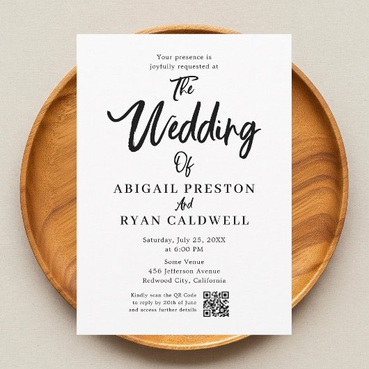 Brush Calligraphy QR Code White Wedding Einladung