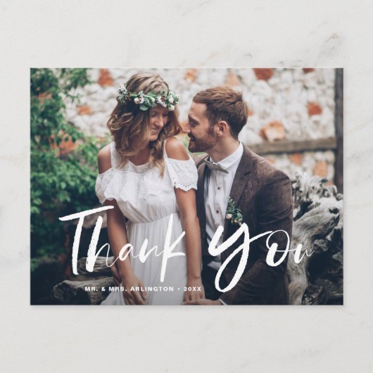 Brush Hand Lettered Foto Wedding Danke Postkarte (Vorderseite)