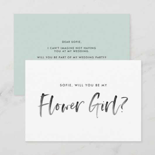 Brush Letter Mint wirst du mein Blumenmädchen sein Einladung (Vorne/Hinten)