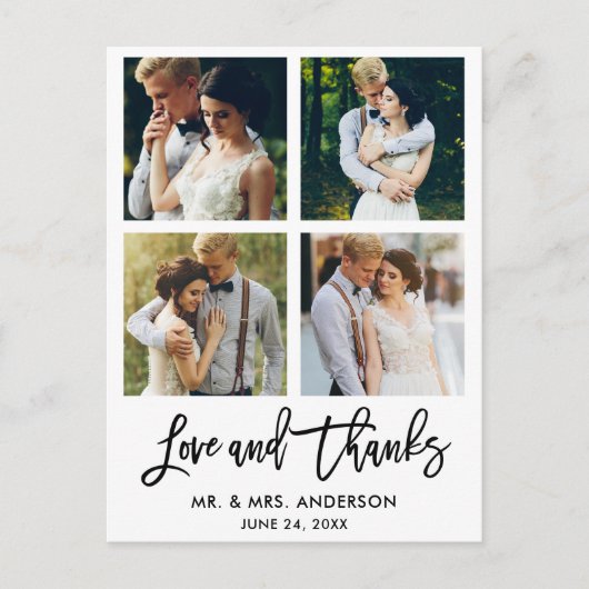 Brush-Schrift Liebe und Dank Hochzeit 4 Foto Postkarte (Vorderseite)