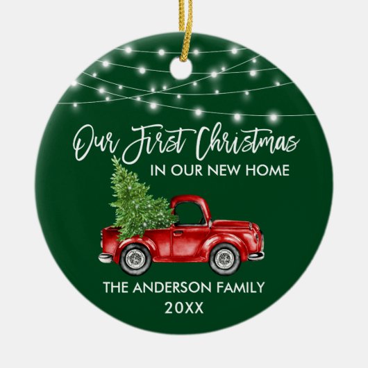 Brush Script 1 Weihnachts Zuhause Truck Lights Gre Keramik Ornament (Vorne)