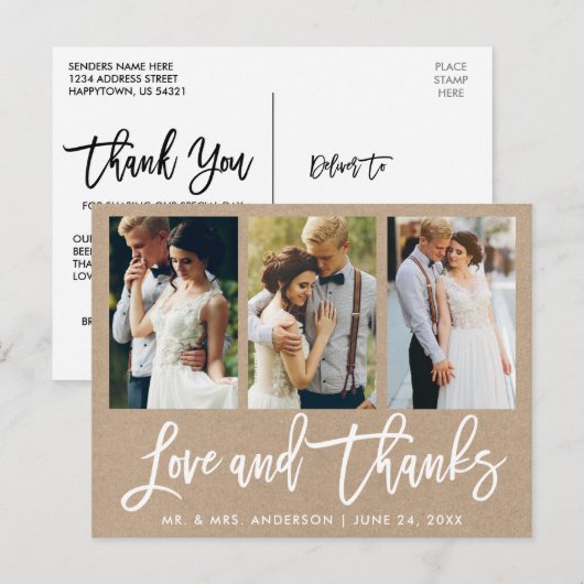 Brush Script 3 Foto Wedding Liebe dank Kraft Postkarte (Vorne/Hinten)