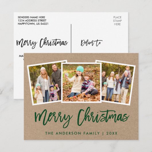 Brush Script 3 Foto Weihnachts Kraft Postkarte (Vorne/Hinten)