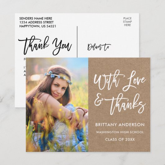 Brush Script Abschluss Liebe dank Kraft Postkarte (Vorne/Hinten)