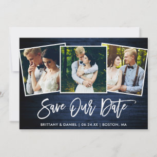 Brush Script Blau Holz 3 Foto Save Our Date Karte