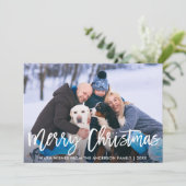 Brush Script Blue Frohe Weihnachts-Familienkarte Einladung (Stehend Vorderseite)