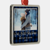 Brush Script Blue Kariert Couple First Christmas Ornament Aus Metall (Rechts)