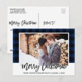 Brush Script Blue Kariert Couple Foto Christmas Postkarte (Vorne/Hinten)