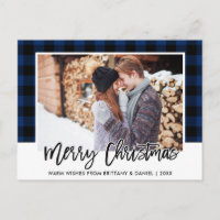 Brush Script Blue Kariert Couple Foto Christmas