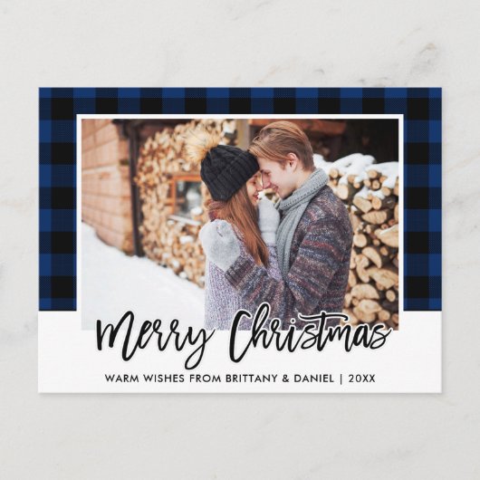 Brush Script Blue Kariert Couple Foto Christmas Postkarte (Vorderseite)