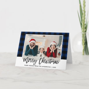 Brush Script Blue Kariert Family Foto Weihnachten