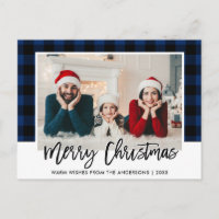 Brush Script Blue Kariert Family Foto Weihnachten