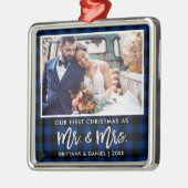 Brush Script Blue Kariert First Christmas Mr. Mrs. Ornament Aus Metall (Links)