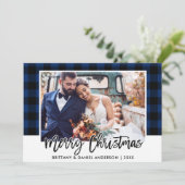 Brush Script Blue Kariert Wedding Foto Weihnachten (Stehend Vorderseite)