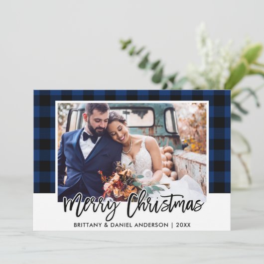 Brush Script Blue Kariert Wedding Foto Weihnachten (Stehend Vorderseite)