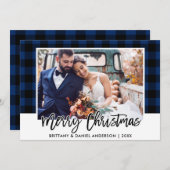 Brush Script Blue Kariert Wedding Foto Weihnachten (Vorne/Hinten)