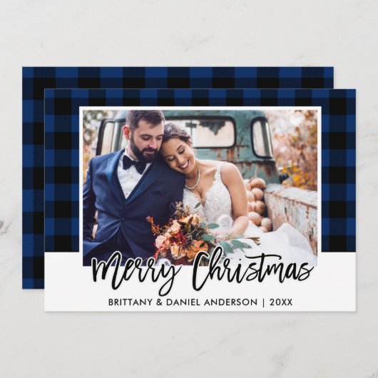 Brush Script Blue Kariert Wedding Foto Weihnachten (Vorne/Hinten)