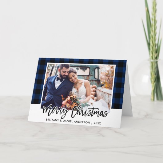 Brush Script Blue Kariert Wedding Foto Weihnachten (Vorderseite)