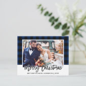 Brush Script Blue Kariert Wedding Foto Weihnachten Postkarte (Stehend Vorderseite)