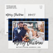 Brush Script Blue Kariert Wedding Foto Weihnachten Postkarte (Vorne/Hinten)