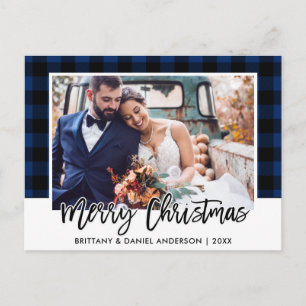 Brush Script Blue Kariert Wedding Foto Weihnachten Postkarte