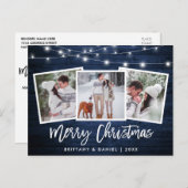 Brush Script Blue Wood Lights 3 Foto Weihnachten Postkarte (Vorne/Hinten)