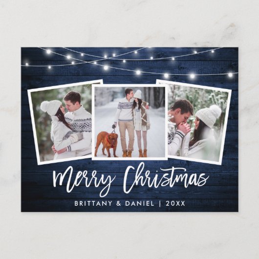 Brush Script Blue Wood Lights 3 Foto Weihnachten Postkarte (Vorderseite)