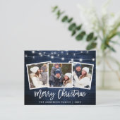Brush Script Blue Wood Lights 3 Foto Weihnachten Postkarte (Stehend Vorderseite)