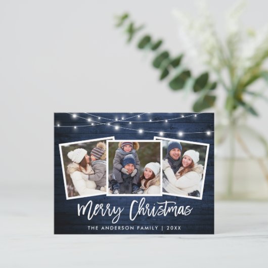 Brush Script Blue Wood Lights 3 Foto Weihnachten Postkarte (Stehend Vorderseite)
