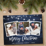 Brush Script Blue Wood Lights 3 Foto Weihnachten Postkarte<br><div class="desc">Rustic Blue Wood Brush Script 3 Foto Family Frohe Weihnachtskarte mit String Lights</div>