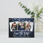 Brush Script Blue Wood Lights Foto Save the Date Postkarte (Stehend Vorderseite)