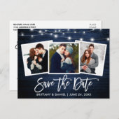 Brush Script Blue Wood Lights Foto Save the Date Postkarte (Vorne/Hinten)