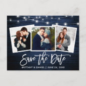 Brush Script Blue Wood Lights Foto Save the Date Postkarte (Vorderseite)