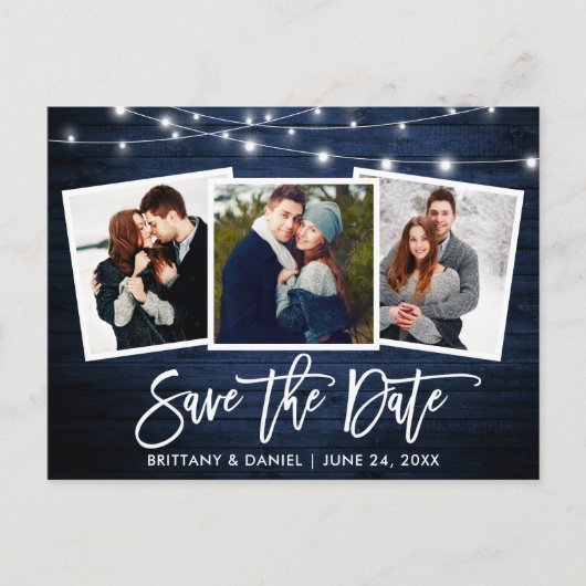Brush Script Blue Wood Lights Foto Save the Date Postkarte (Vorderseite)