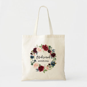 Brush Script Bridesmaid Burgundy Blue Floral Tragetasche