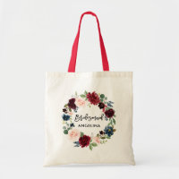 Brush Script Burgundy Blue Floral Bridesmaid