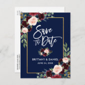 Brush Script Burgundy Blue Floral Save the Date Ankündigungspostkarte (Vorne/Hinten)