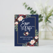 Brush Script Burgundy Blue Floral Save the Date Ankündigungspostkarte (Stehend Vorderseite)