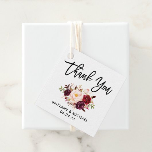 Brush Script Burgundy Floral Wedding Vielen Dank Geschenkanhänger (Beispiel)