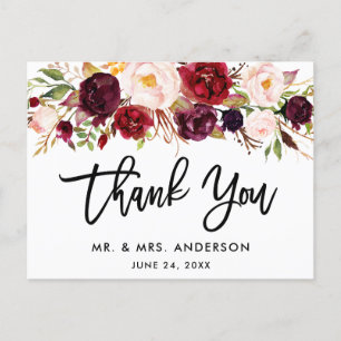 Brush Script Burgundy Floral Wedding Vielen Dank Postkarte