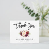 Brush Script Burgundy Wedding Floral Vielen Dank Postkarte (Stehend Vorderseite)