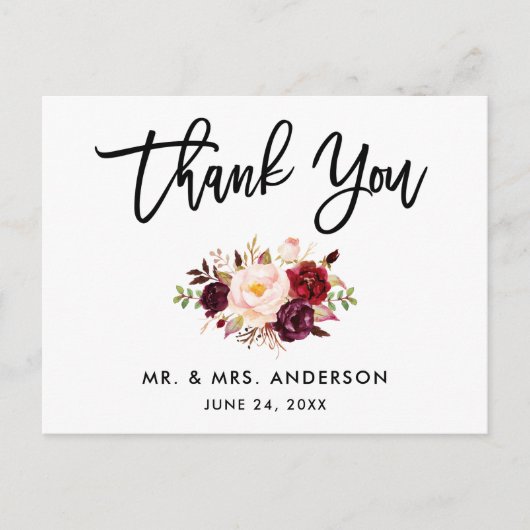 Brush Script Burgundy Wedding Floral Vielen Dank Postkarte (Vorderseite)