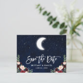 Brush Script Celestial Moon Floral Save the Date Ankündigungspostkarte (Stehend Vorderseite)