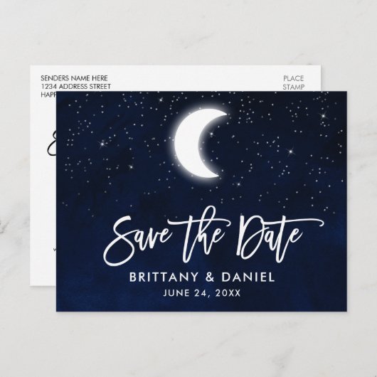 Brush Script Celestial Moon Stars Save the Date Ankündigungspostkarte (Vorne/Hinten)