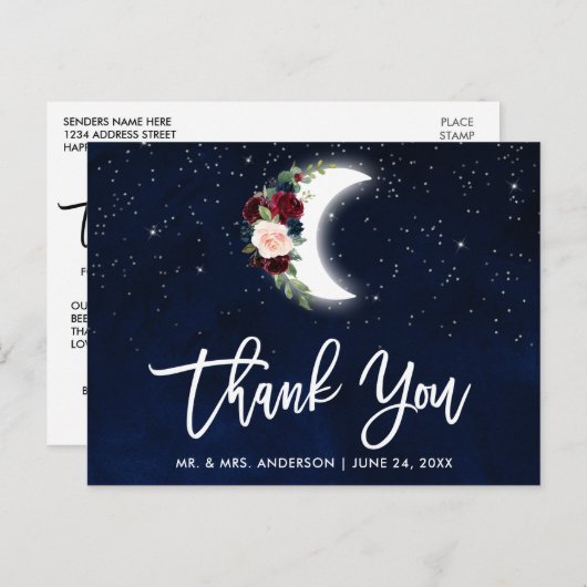 Brush Script Celestial Wedding Floral Moon Danke Postkarte (Vorne/Hinten)